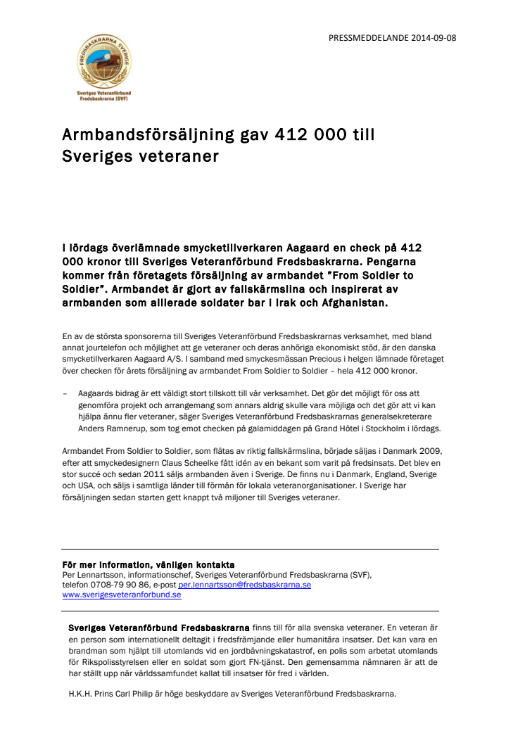 Armbandsförsäljning gav 412 000 till Sveriges veteraner