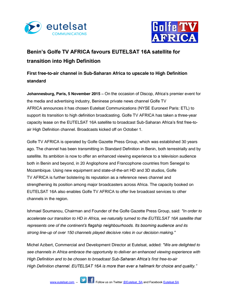 Benin​​’s Golfe TV AFRICA favours EUTELSAT 16A satellite for transition into High Definition