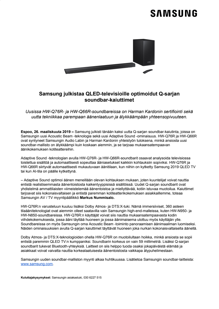 Samsung julkistaa QLED-televisioille optimoidut Q-sarjan soundbar-kaiuttimet