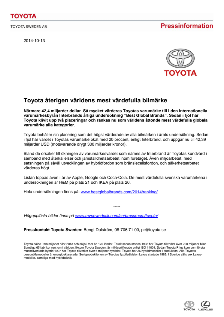 Toyota återigen världens mest värdefulla bilmärke