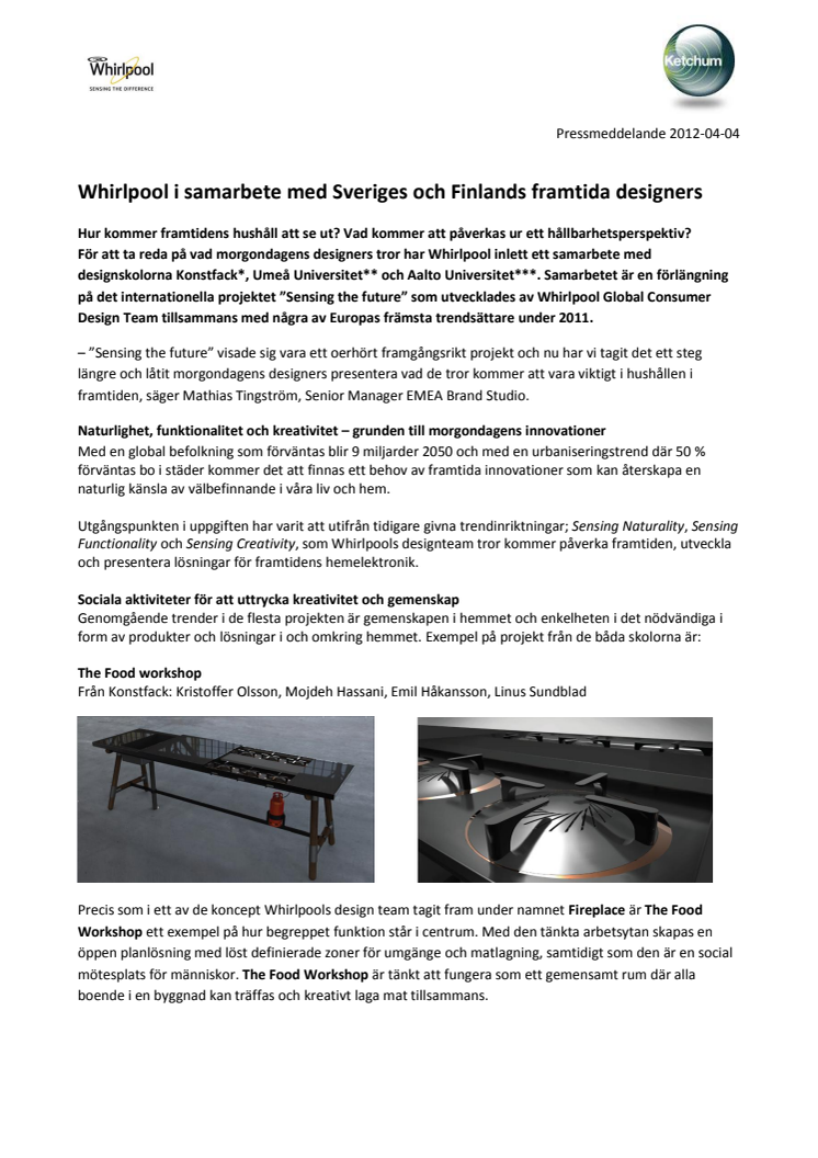 Whirlpool i samarbete med Sveriges och Finlands framtida designers 