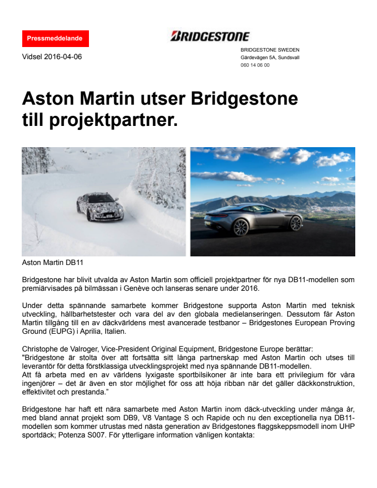Aston Martin utser Bridgestone  till projektpartner