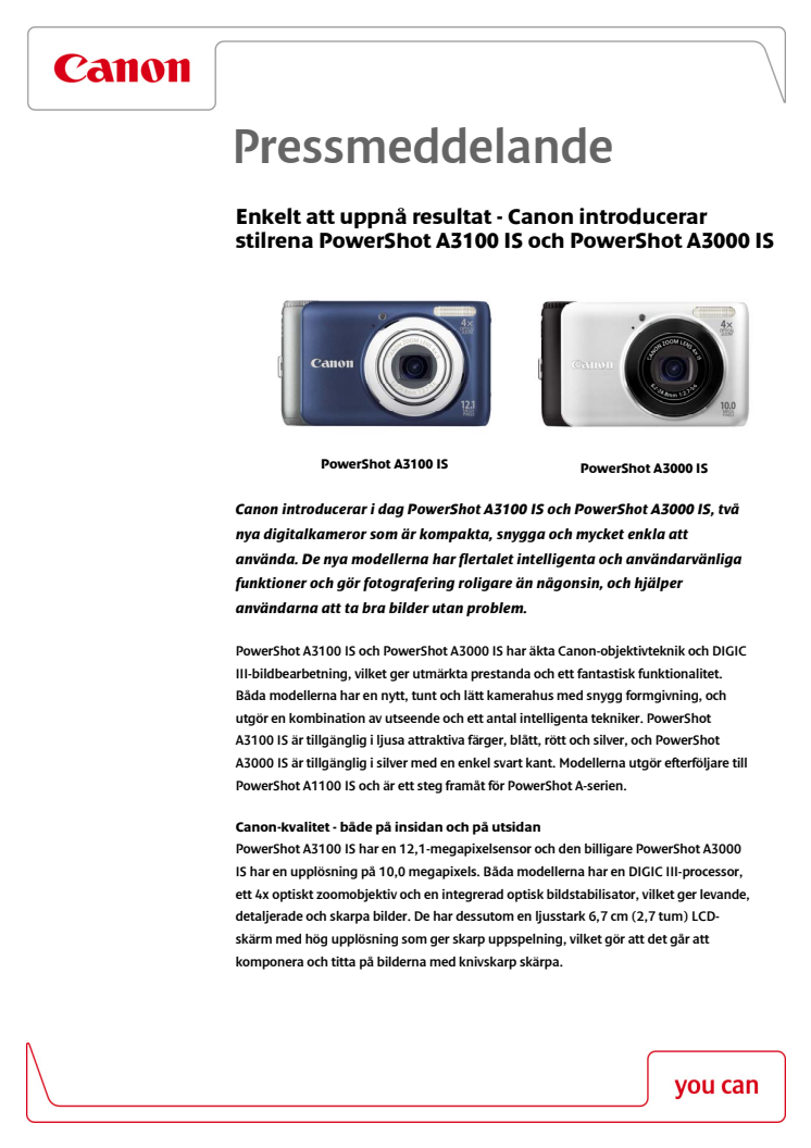 Enkelt att uppnå resultat - Canon introducerar stilrena PowerShot A3100 IS och PowerShot A3000 IS