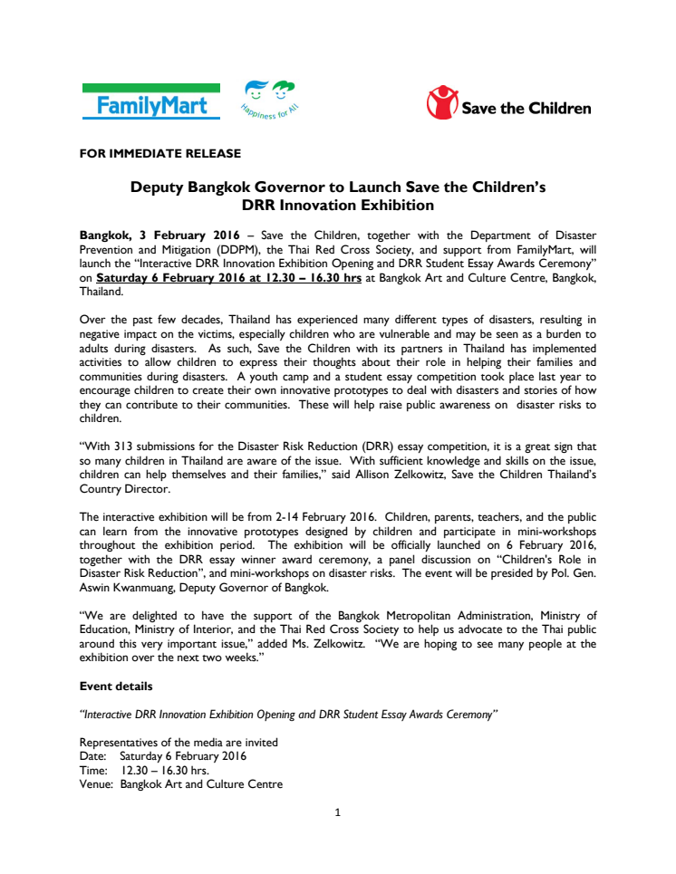 Deputy Bangkok Governor to Launch Save the Children's DRR Innovation Exhibition