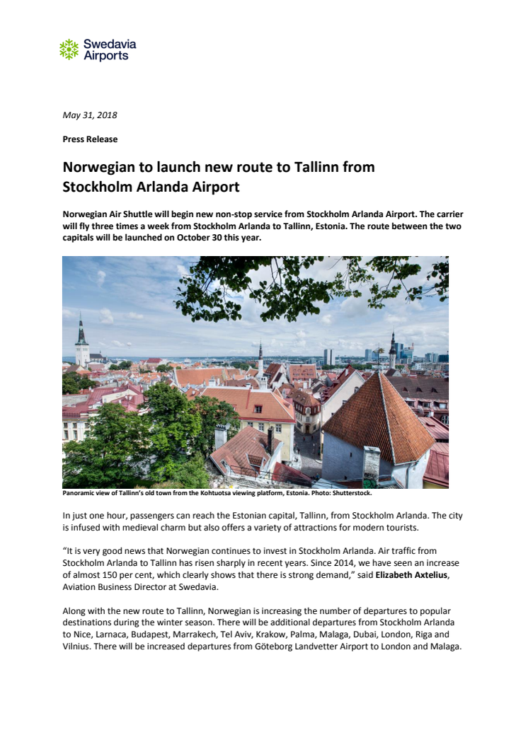 Norwegian to launch new route to Tallinn from Stockholm Arlanda Airport