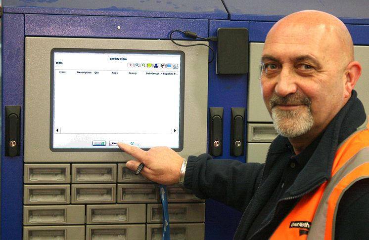 Dave Garrard demonstrates the tool vending machine at Hornsey depot being used for Class 717 Moorgate train maintenance in Hornsey depot