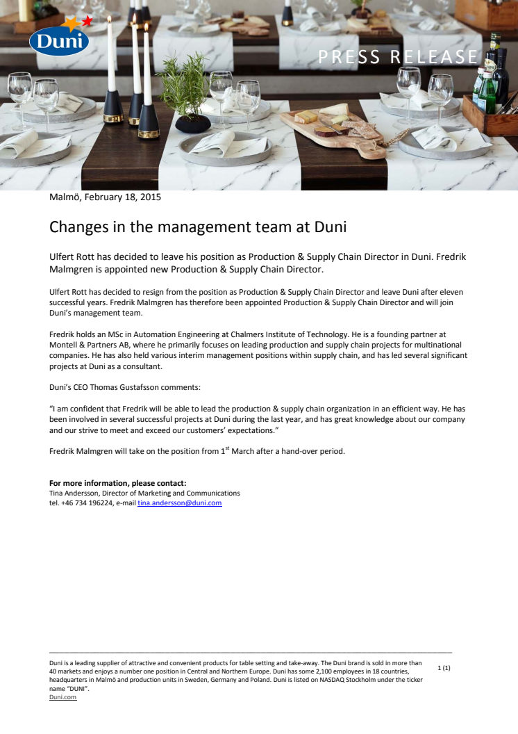 ​Changes in the management team at Duni