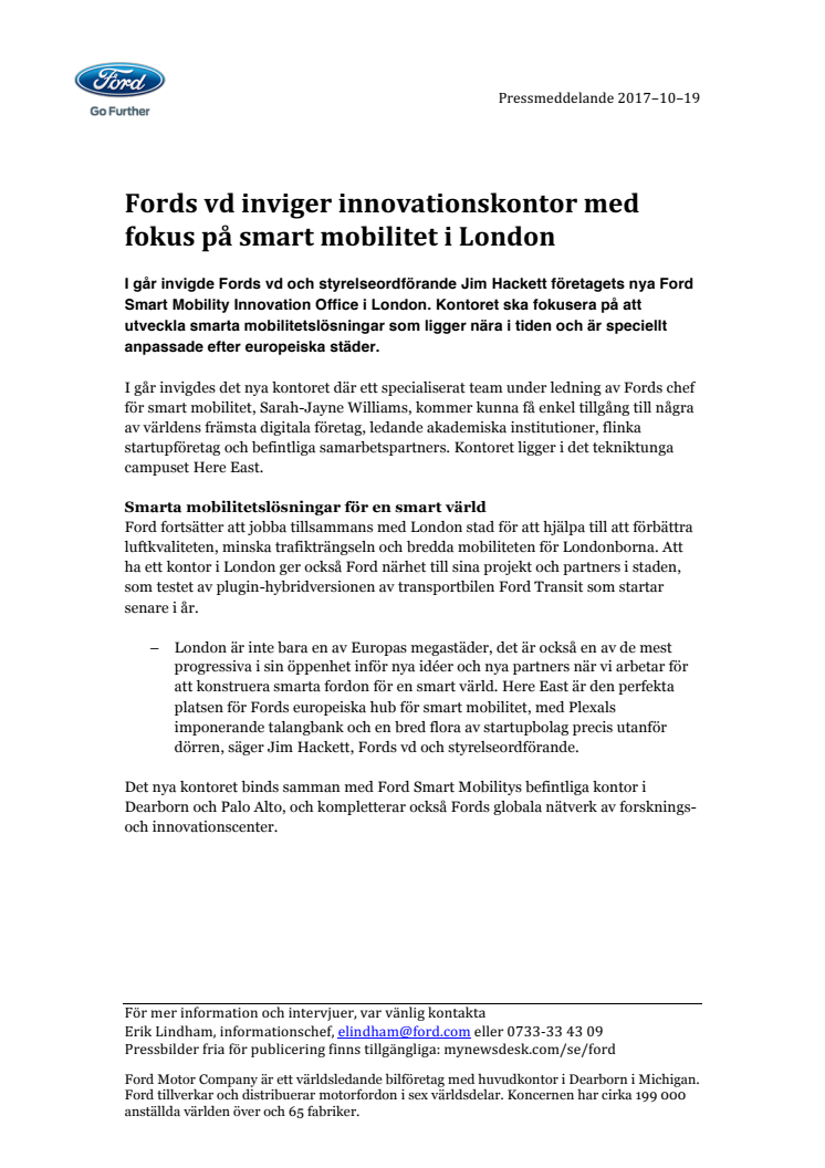 Fords vd inviger innovationskontor med fokus på smart mobilitet i London