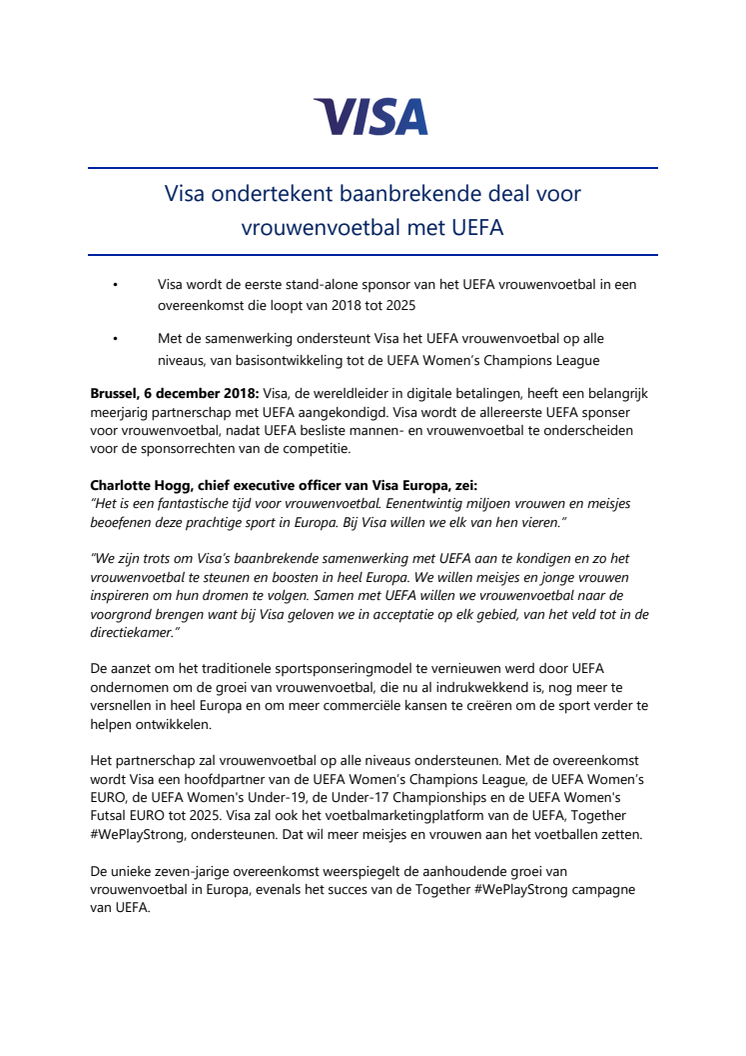 Visa ondertekent baanbrekende deal voor vrouwenvoetbal met UEFA