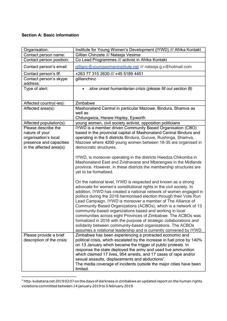 Alert Note: Afrika Kontakt Zimbabwe, Protection and Food Security Crisis (19-001-RO)