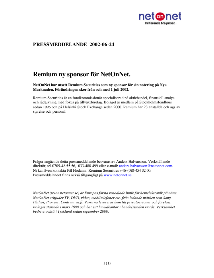 Remium ny sponsor för NetOnNet.