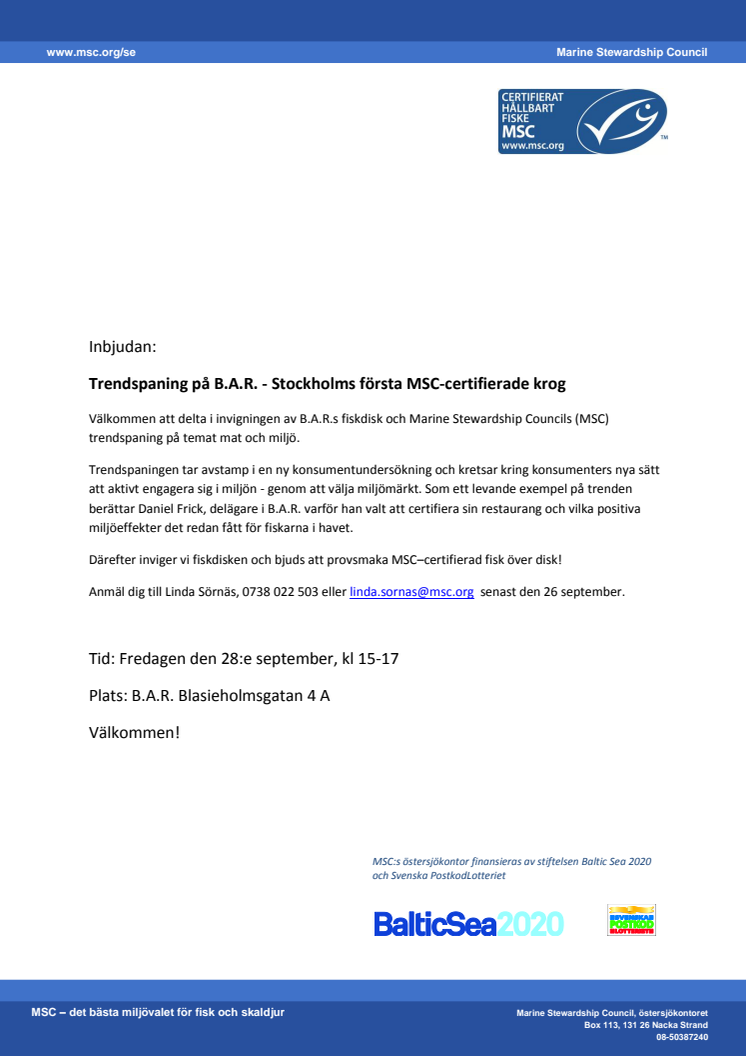 Inbjudan: Trendspaning på B.A.R. - Stockholms första MSC-certifierade krog 