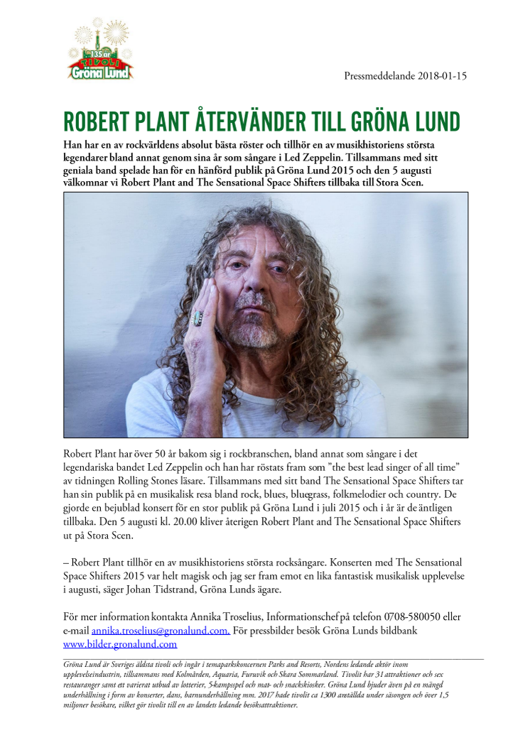 Robert Plant återvänder till Gröna Lund