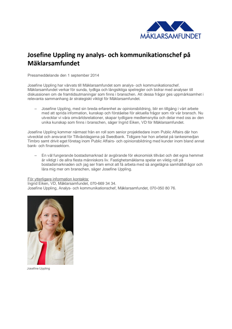 Josefine Uppling ny analys- och kommunikationschef på Mäklarsamfundet