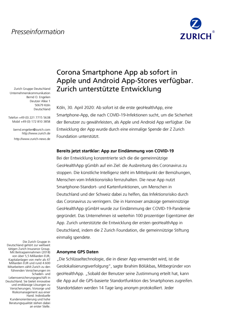 Corona Smartphone App ab sofort in Apple und Android App-Stores verfügbar. Zurich unterstützte Entwicklung 