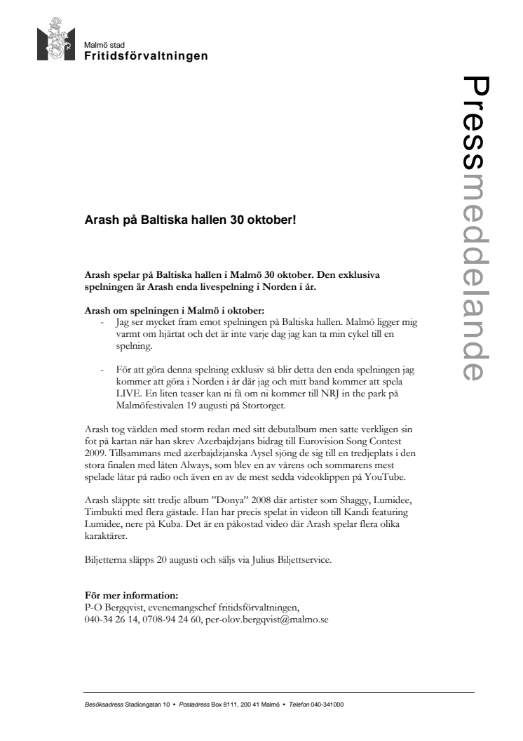 Arash på Baltiska hallen 30 oktober!