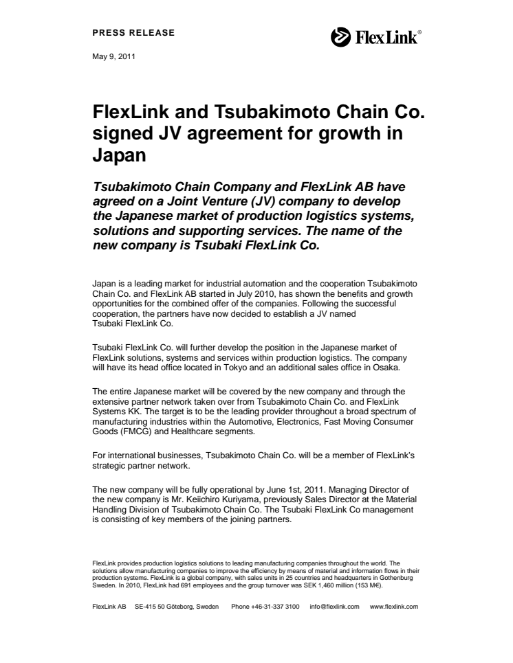 FlexLink and Tsubakimoto Chain Co. signed JV agreement for growth in Japan 