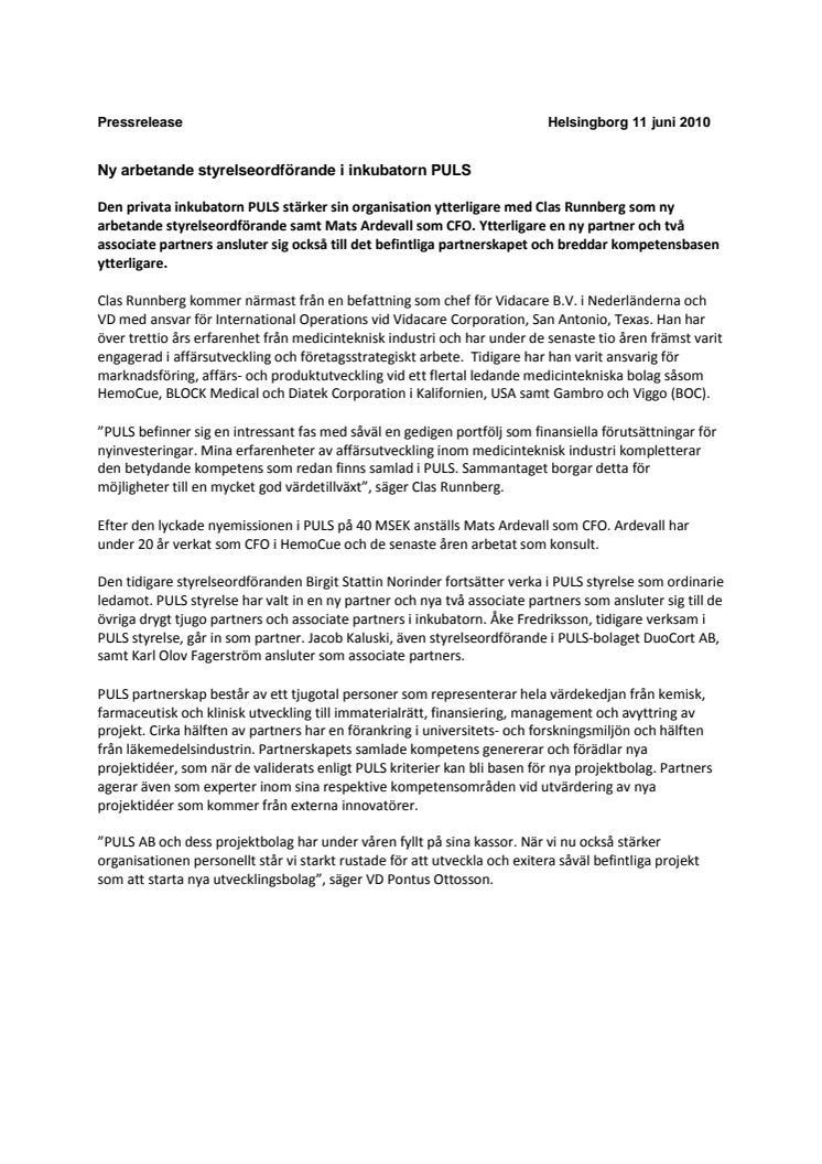 Ny arbetande styrelseordförande i inkubatorn PULS  