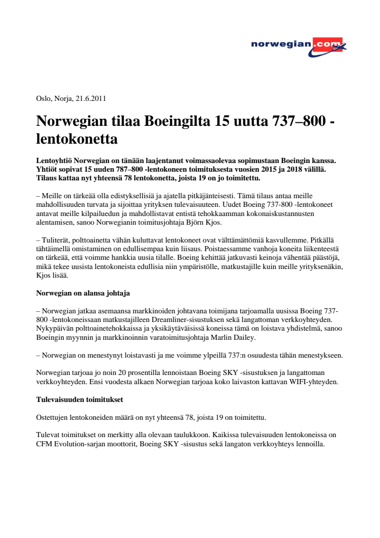 Norwegian tilaa Boeingilta 15 uutta 737–800 -lentokonetta