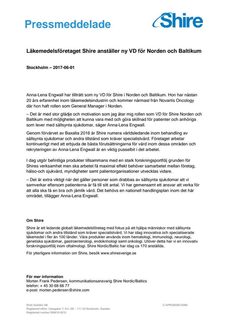 Läkemedelsföretaget Shire anställer ny VD för Norden och Baltikum