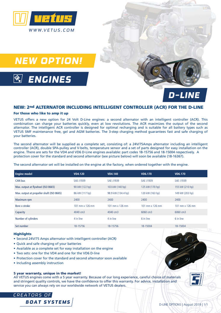 VETUS 24V / 75 Amps alternator with an intelligent controller (ACR) for its D-Line (Deutz) common rail engines - Information Sheet