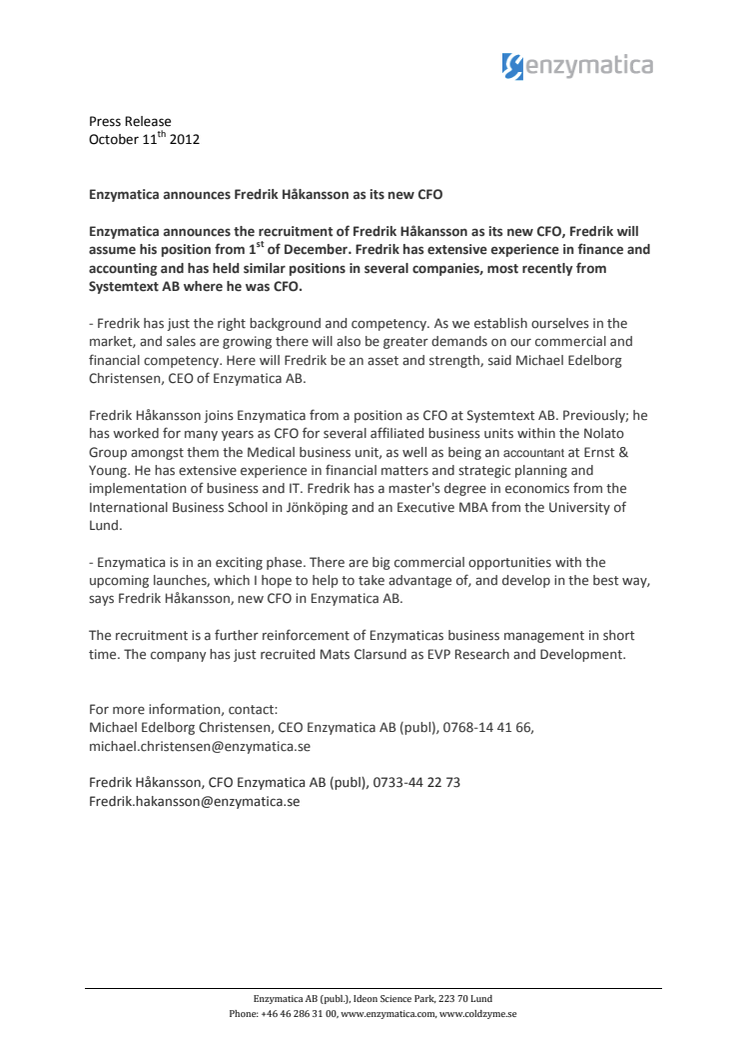 Enzymatica announces Fredrik Håkansson as its new CFO