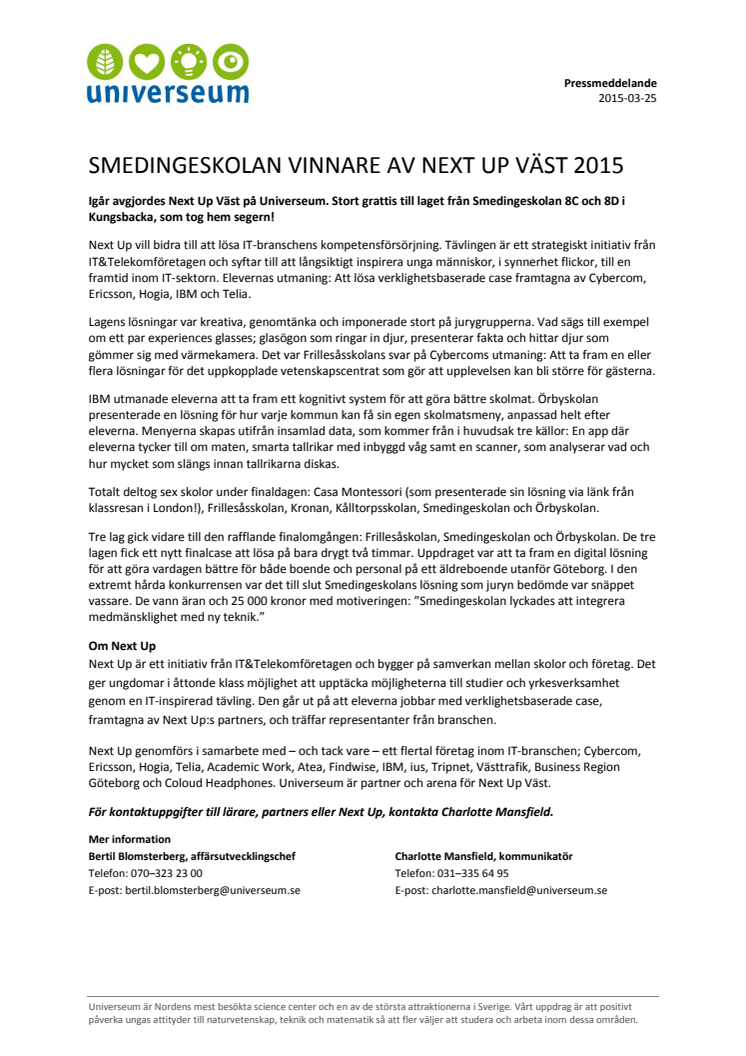 Smedingeskolan vinnare av Next Up Väst 2015
