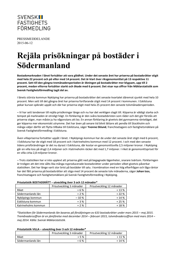 Rejäla prisökningar på bostäder i Södermanland