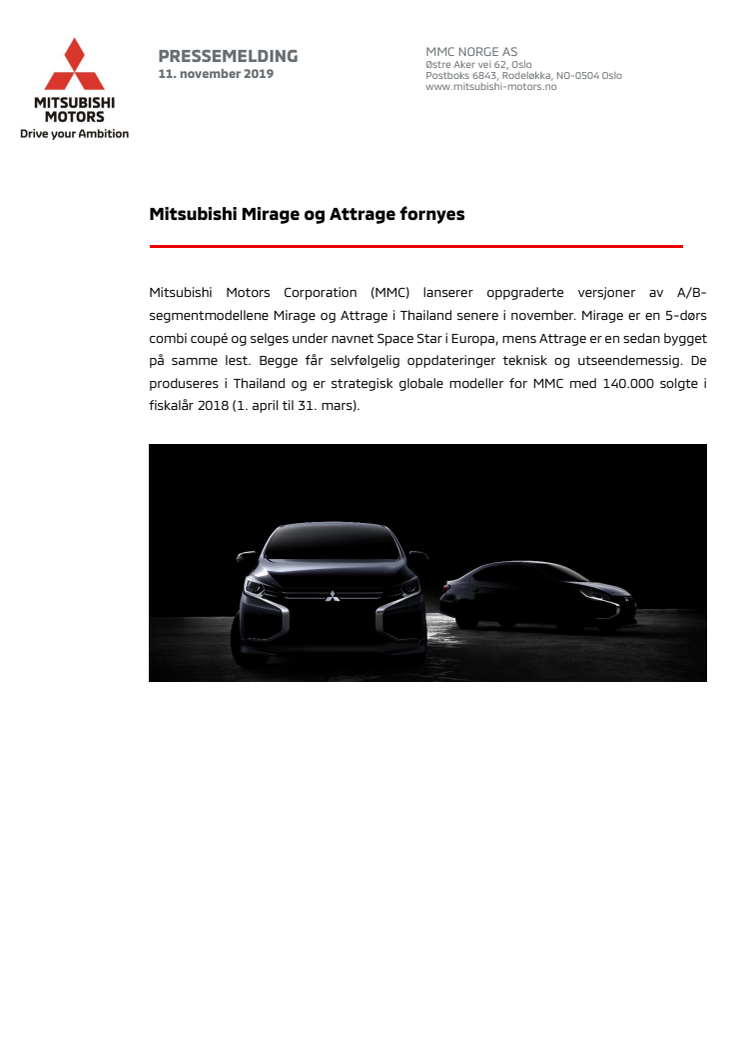 Mitsubishi Mirage og Attrage fornyes