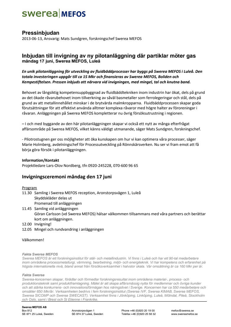 Pressinbjudan - Invigning av ny pilotanläggning där partiklar möter gas (måndag 17 juni)