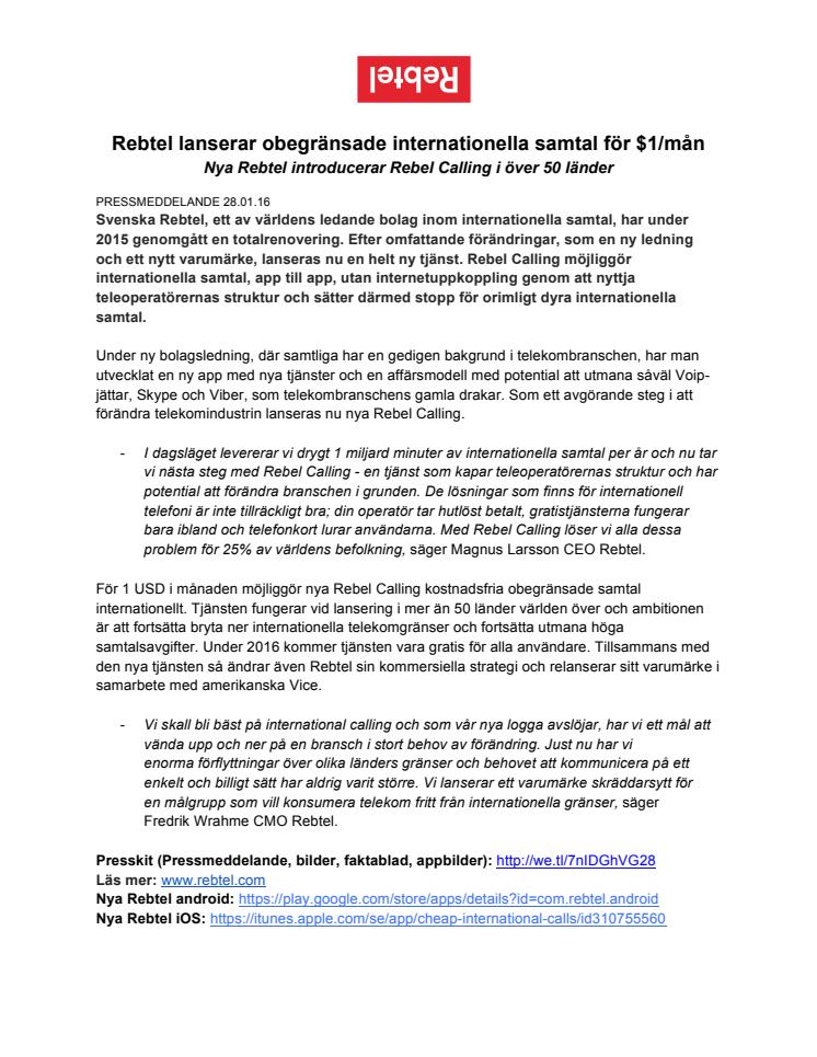 Rebtel lanserar obegränsade internationella samtal för $1/mån - Nya Rebtel introducerar Rebel Calling i över 50 länder 