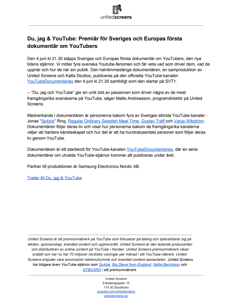 Du, jag & YouTube: Premiär för Sveriges och Europas första dokumentär om YouTubers