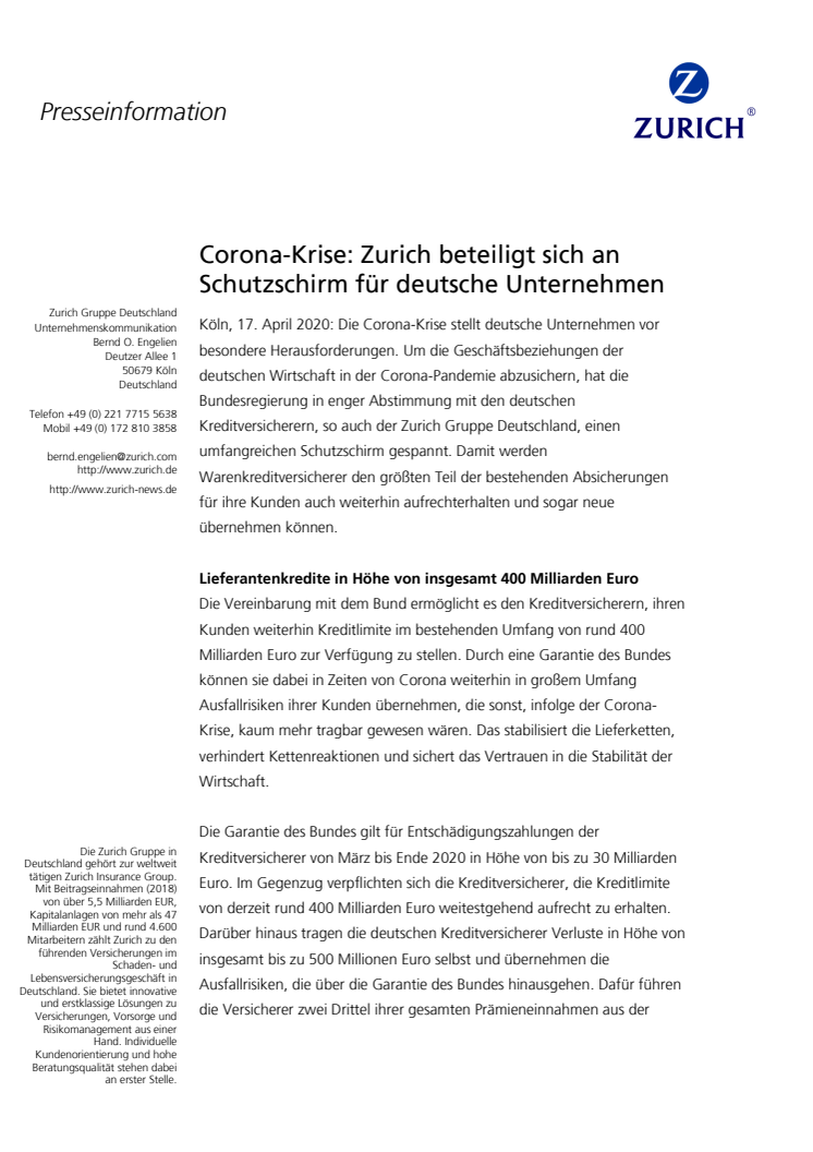 Corona-Krise: Zurich beteiligt sich an Schutzschirm für deutsche Unternehmen