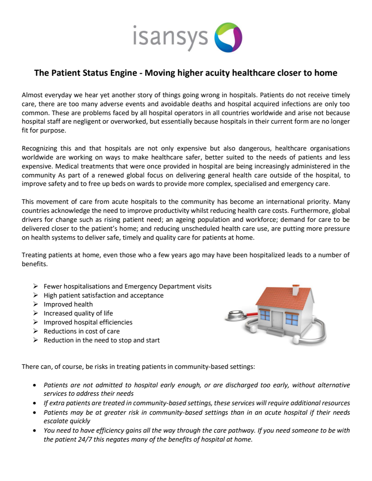 The Patient Status Engine - Moving higher acuity healthcare closer to home