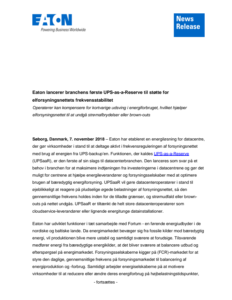 Eaton lancerer branchens første UPS-as-a-Reserve til støtte for elforsyningsnettets frekvensstabilitet