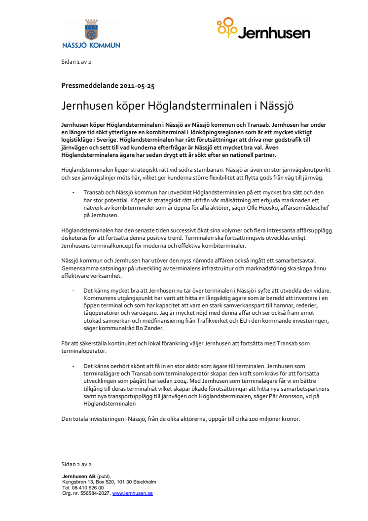 Jernhusen köper Höglandsterminalen i Nässjö 