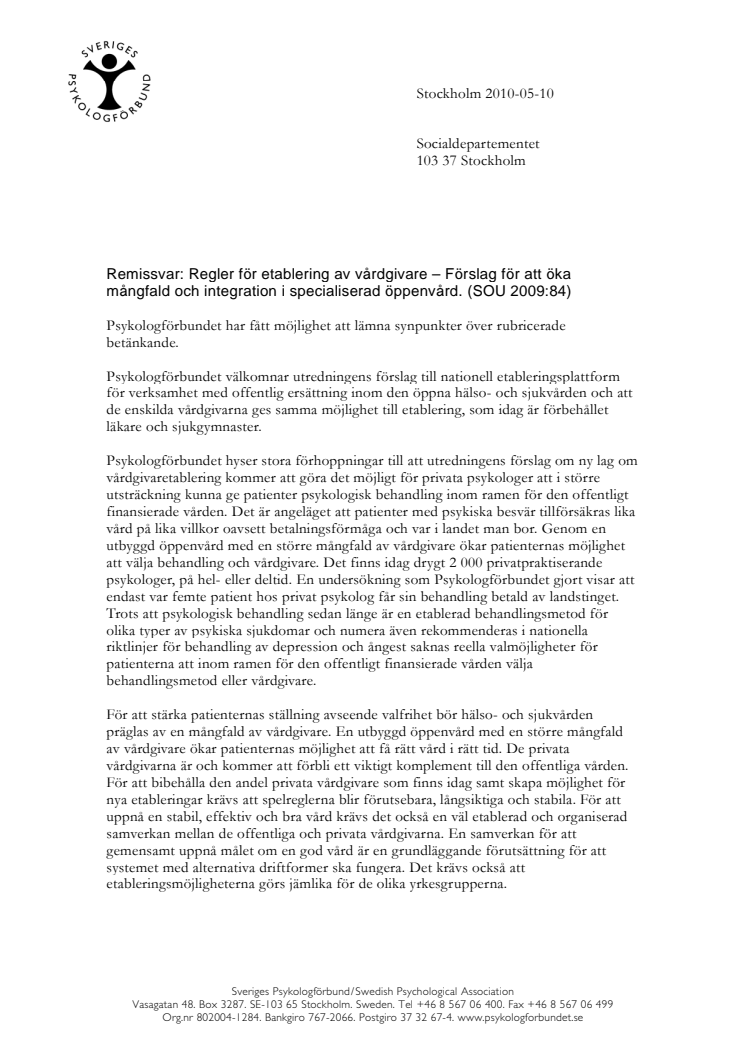 Remissvar om etablering av vårdgivare