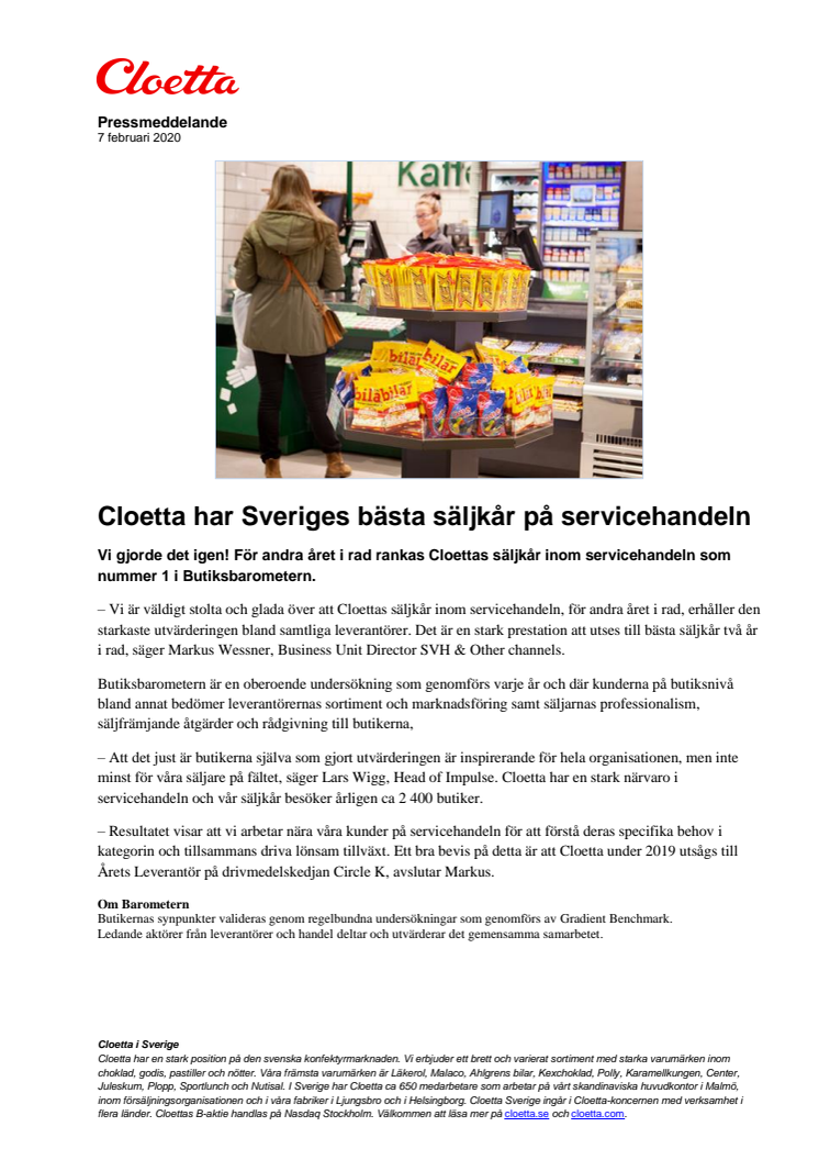 Cloetta har Sveriges bästa säljkår på servicehandeln