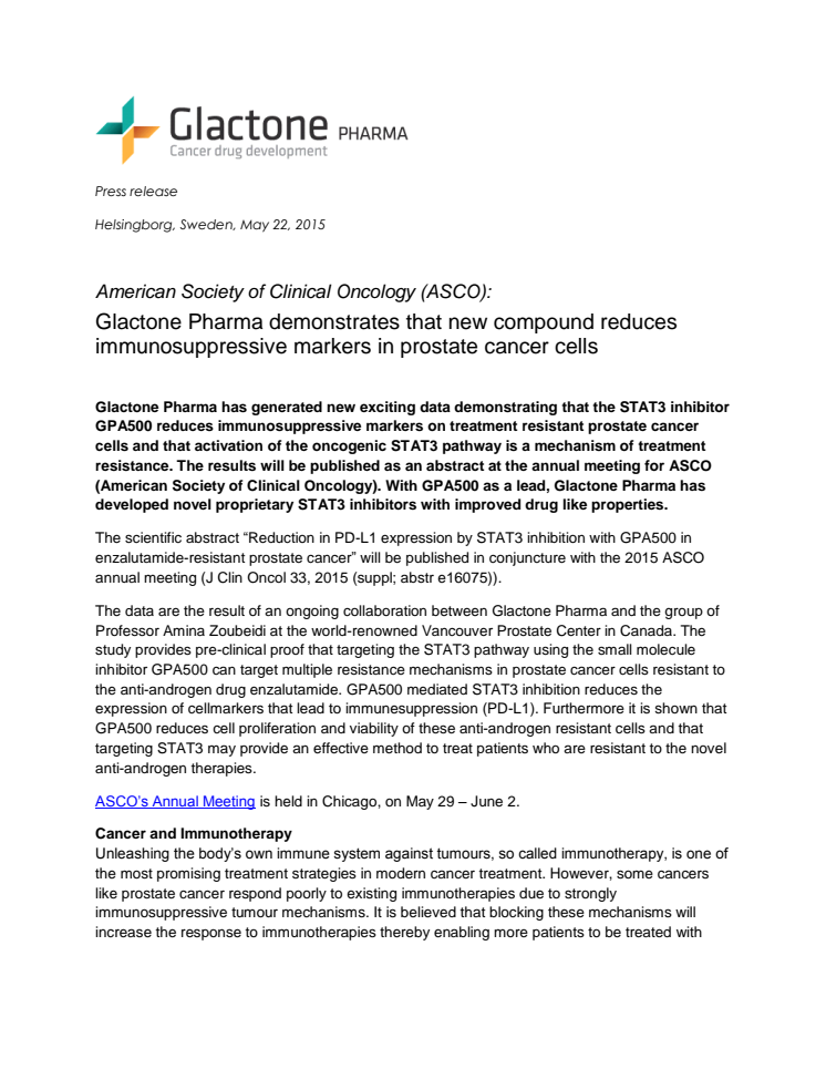 American Society of Clinical Oncology (ASCO): Glactone Pharma demonstrates that new compound reduces immunosuppressive markers in prostate cancer cells