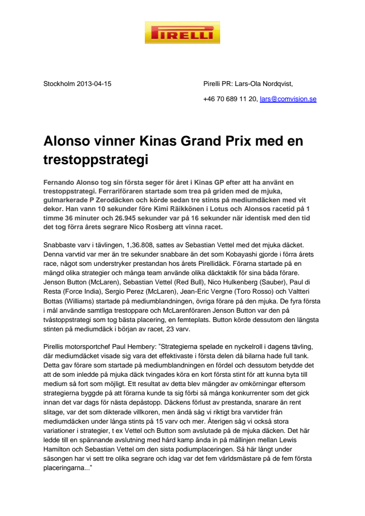 Alonso vinner Kinas Grand Prix med en trestoppstrategi