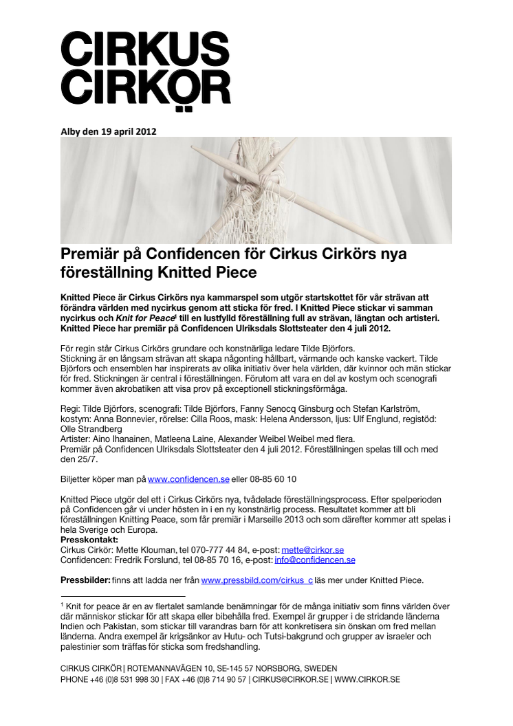 Premiär på Confidencen för Cirkus Cirkörs nya föreställning Knitted Piece 
