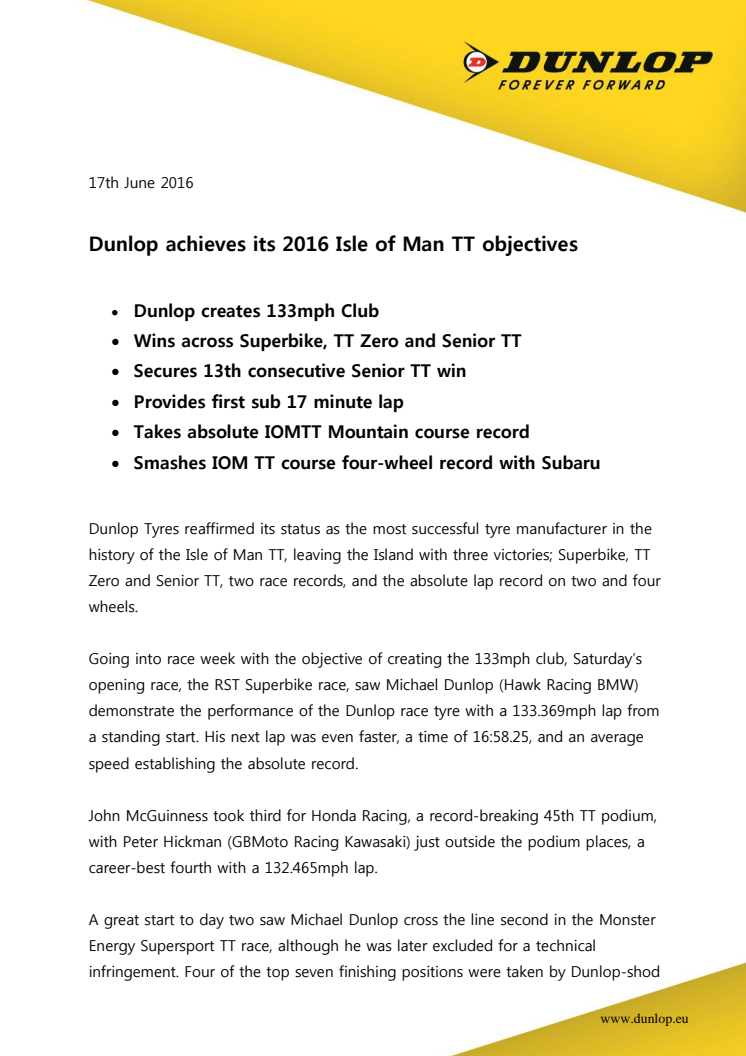 Dunlop achieves its 2016 Isle of Man TT objectives 
