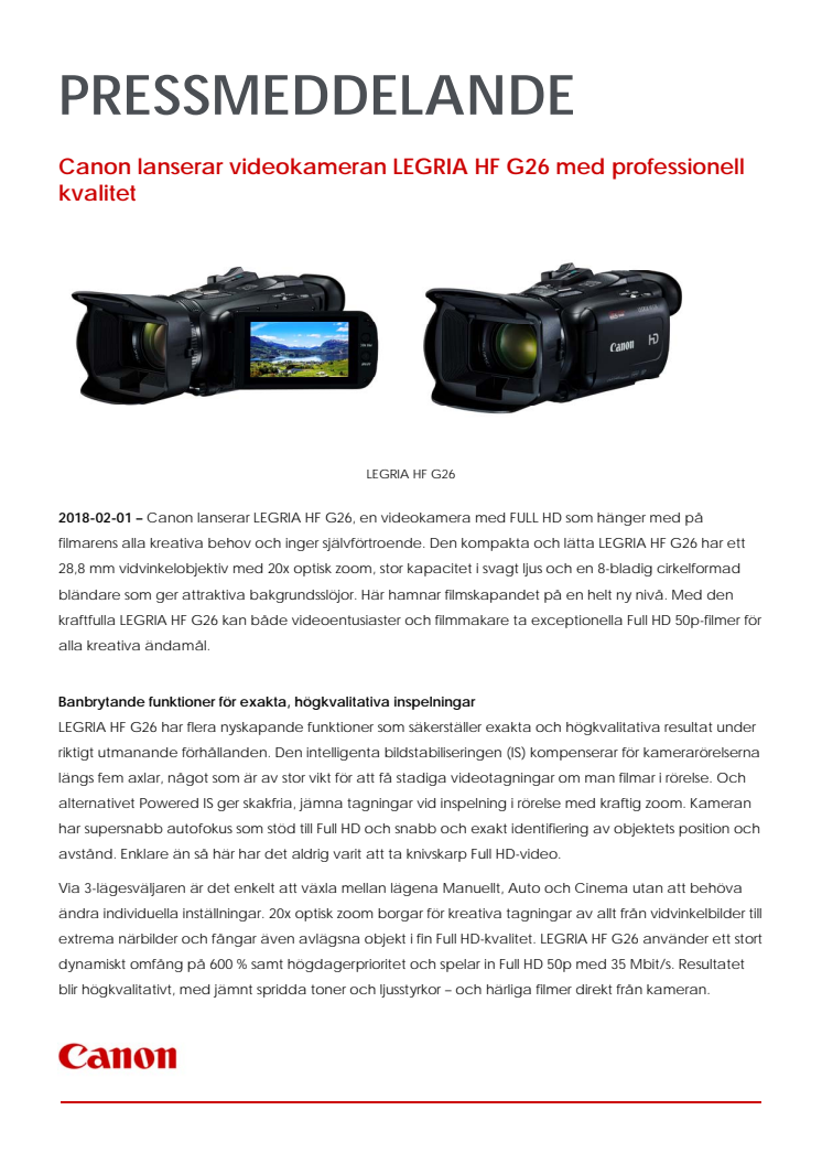 Canon lanserar videokameran LEGRIA HF G26 med professionell kvalitet