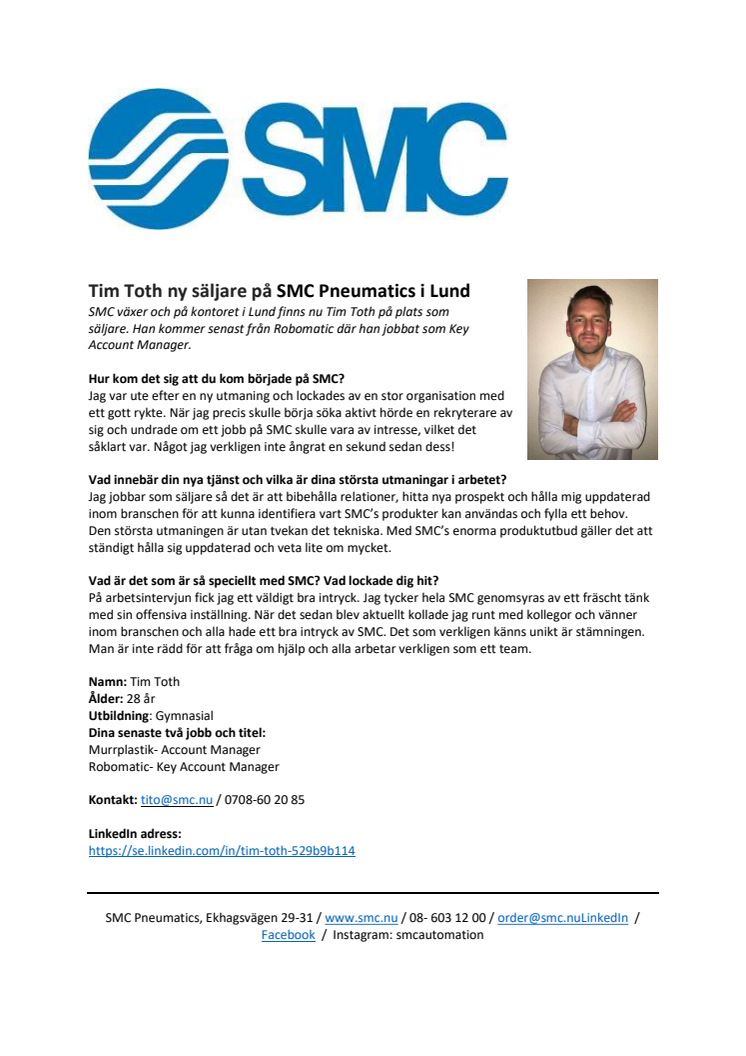 Tim Toth ny säljare på SMC Pneumatics i Lund