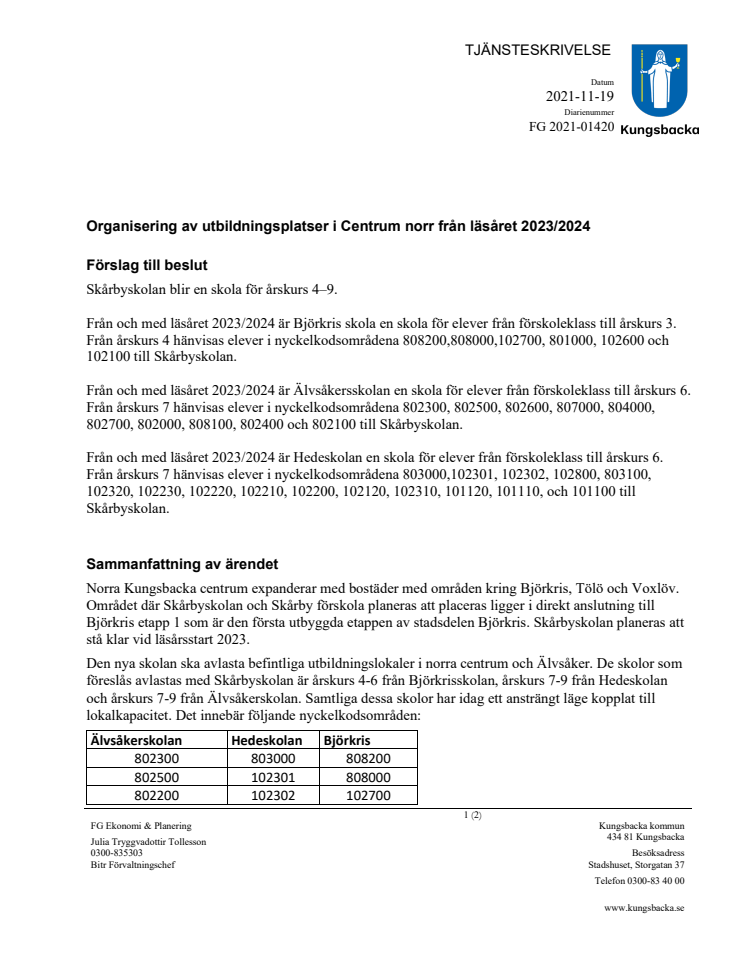 Organisering av utbildningsplatser i Centrum från läsåret 2023 2024_tjskrivelse och utredning till FGAU 220112