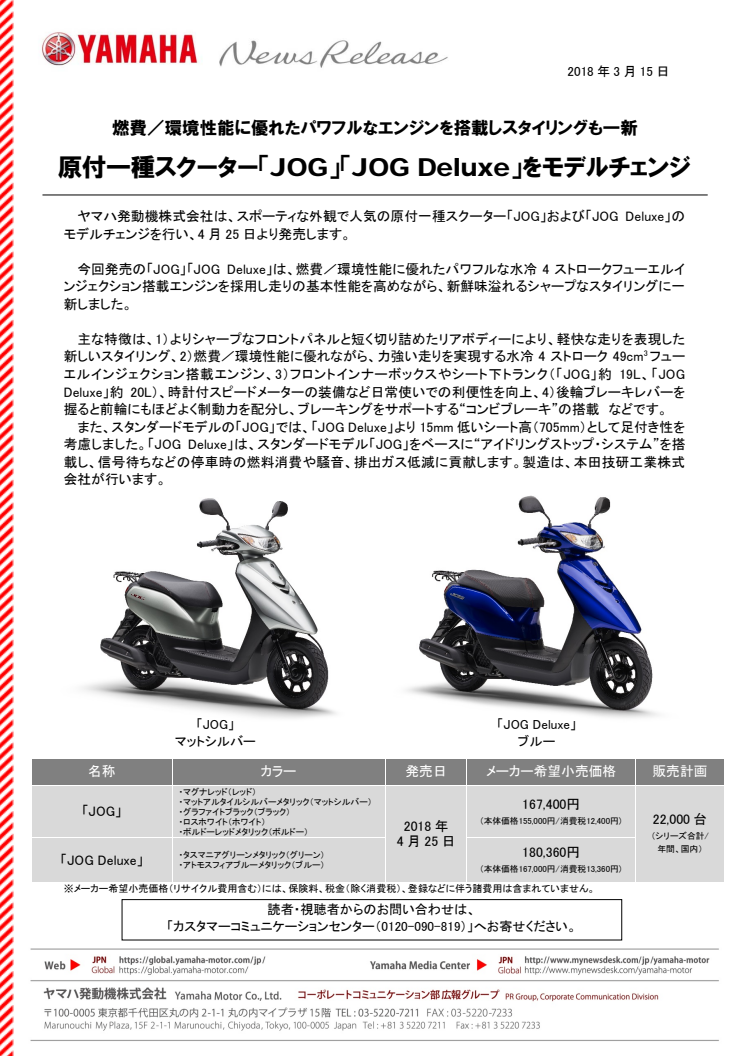 原付一種スクーター「JOG」「JOG Deluxe」をモデルチェンジ　燃費／環境性能に優れたパワフルなエンジンを搭載しスタイリングも一新