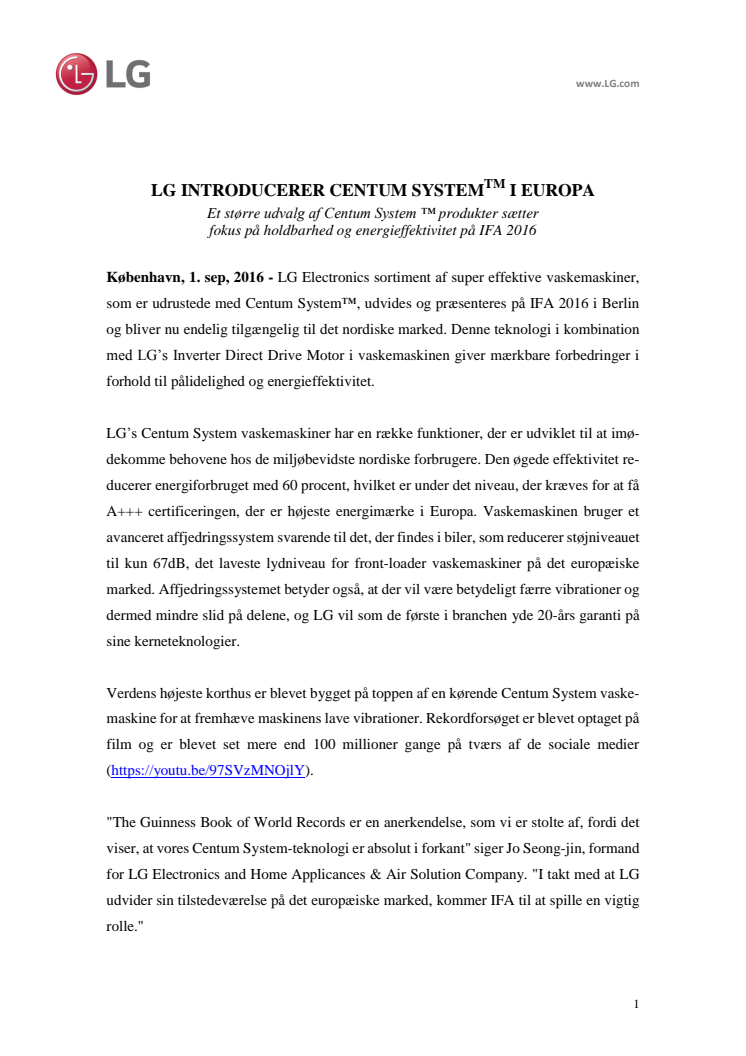 LG INTRODUCERER CENTUM SYSTEM I EUROPA