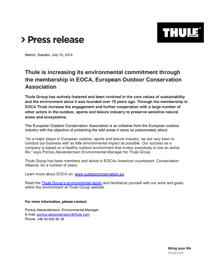 Thule is increasing its environmental commitment through the membership in EOCA, European Outdoor Conservation Association