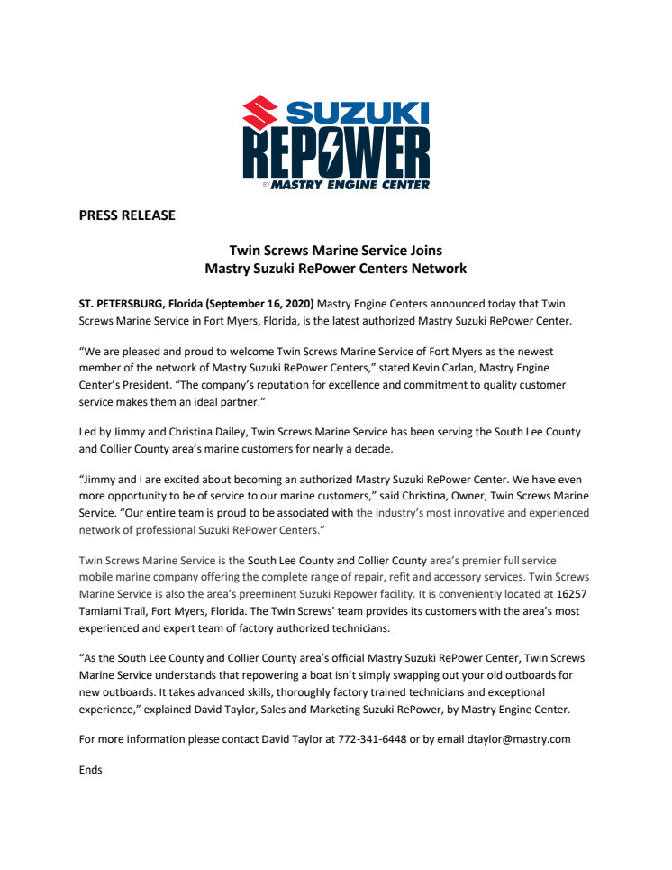 Twin Screws Marine Service Joins Mastry Suzuki RePower Centers Network