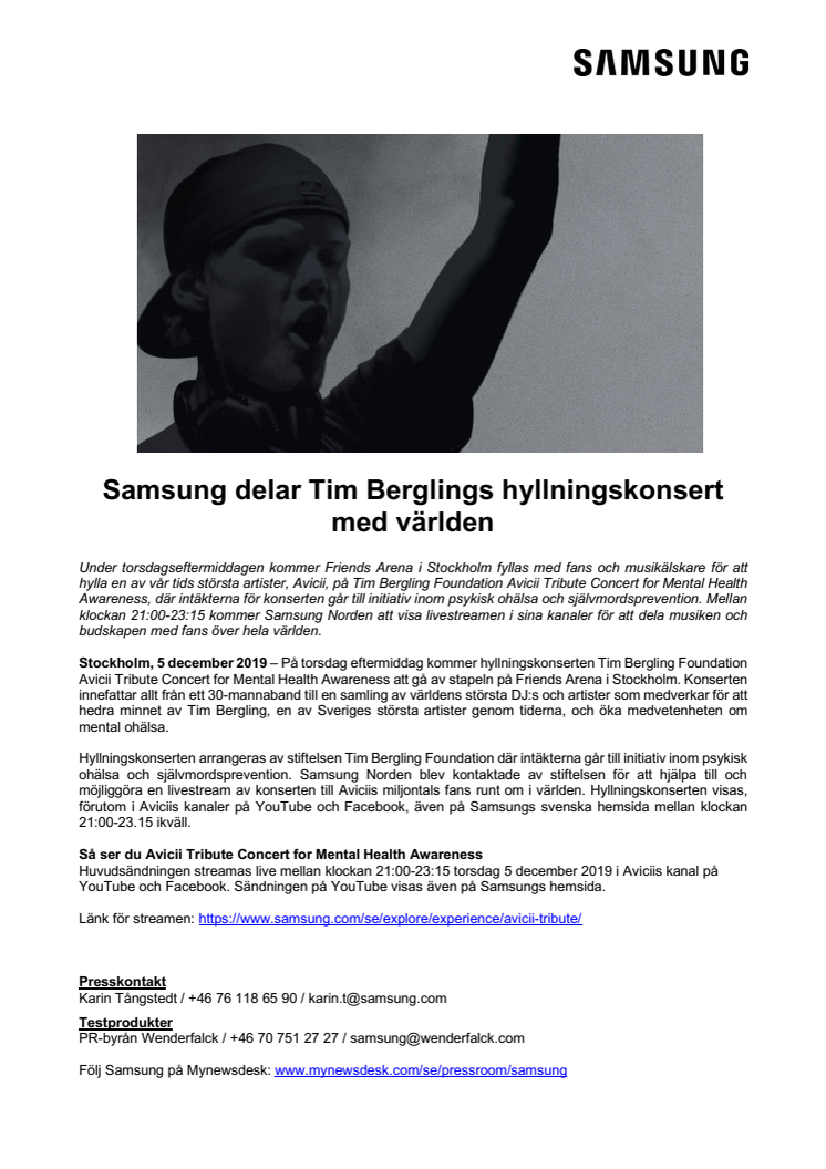 Samsung delar Tim Berglings hyllningskonsert med världen